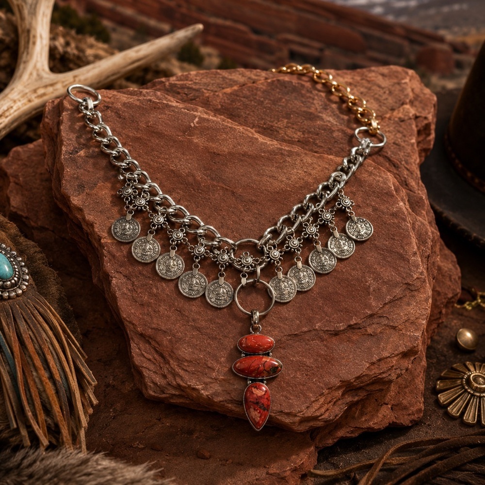 Artisan Handcrafted RED BRECCIATED JASPER Pendant Necklace Coins Up Cycled OOAK - Picture 6 of 16